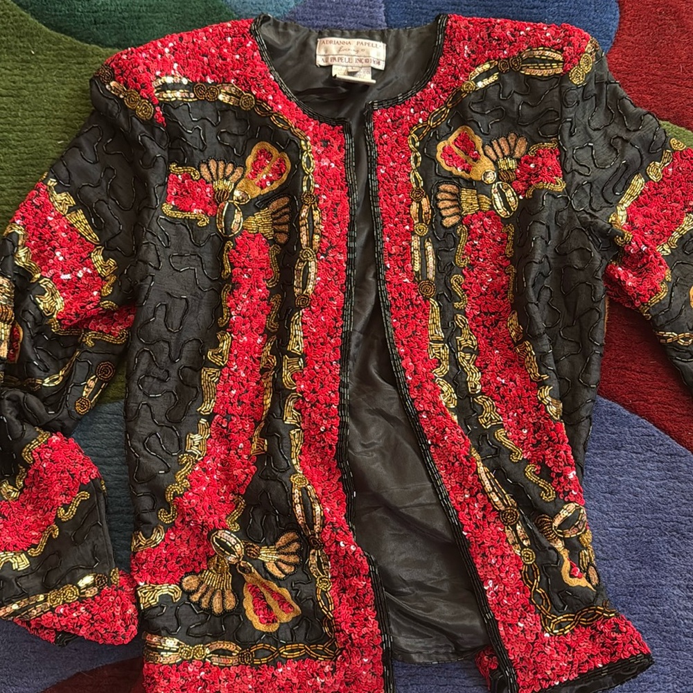 Vintage Adrianna Papell Evening Jacket, beading, stunning red gold black